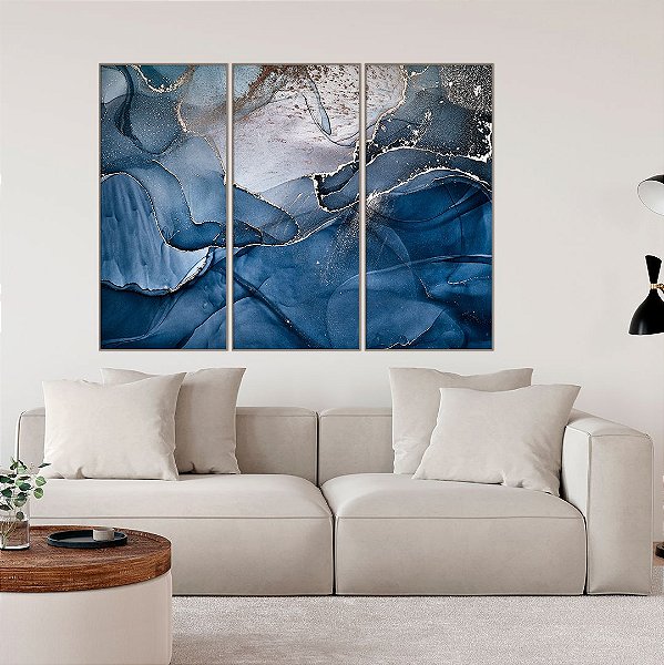 Conjunto com 03 quadros decorativos Abstrato Azul e Prata