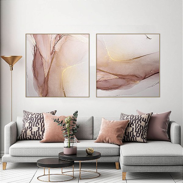 Conjunto com 02 quadros decorativos Abstrato Rosê com detalhes em Dourado