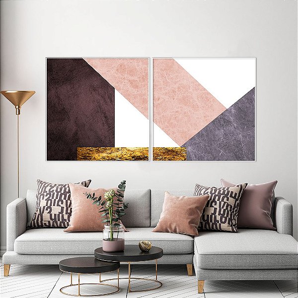 ENVIO IMEDIATO - Conjunto com 02 quadros decorativos CANVAS Geométrico Rosê - Artista Uillian Rius 80x80cm (LxA) Moldura Branca