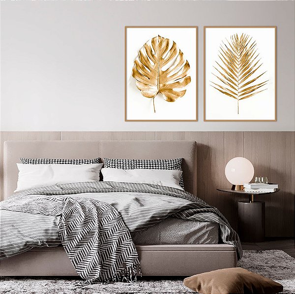 Conjunto com 02 quadros decorativos Folhas Douradas 50x70cm (LxA) Moldura cor Dourado