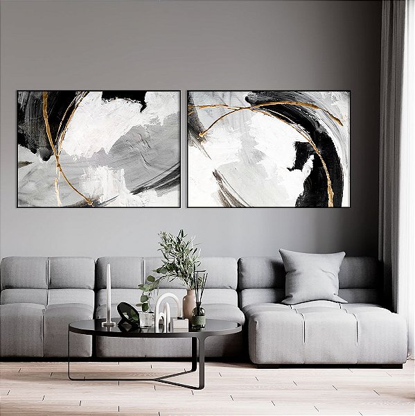 Conjunto com 02 quadros decorativos Abstrato Preto, Cinza e Dourado