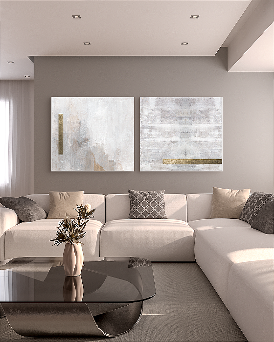 Conjunto com 02 quadros decorativos Abstrato Neutro com Detalhes em Dourado