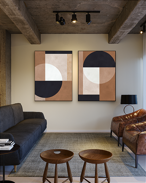 Conjunto com 02 Quadros Decorativos Geométricos Marrom - Artista Vitor Costa