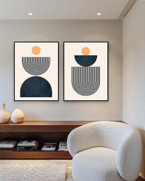 Conjunto com 02 Quadros Decorativos Geométricos Azul - Artista Vitor Costa