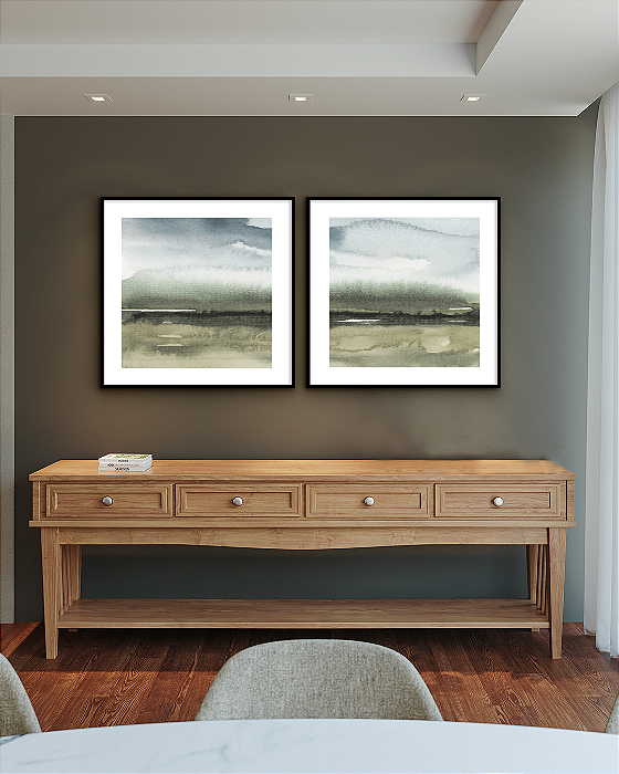 Conjunto com 02 quadros decorativos Aquarela Abstrata Verde e Azul
