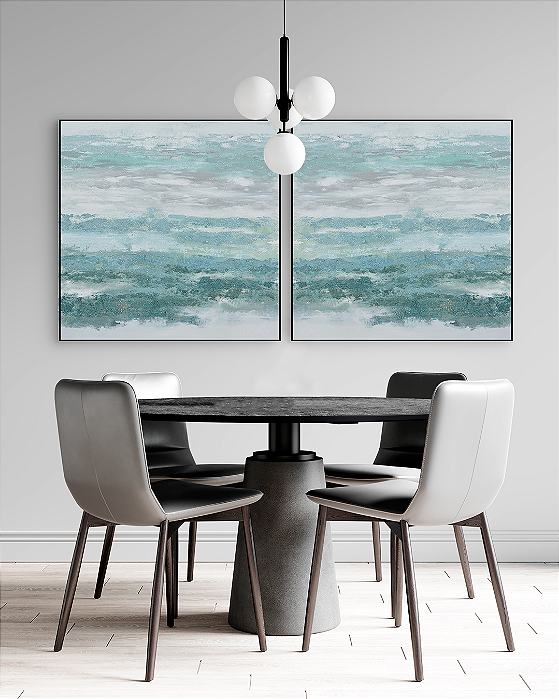 Conjunto com 02 quadros decorativos Abstrato Verde, Turquesa e Cinza