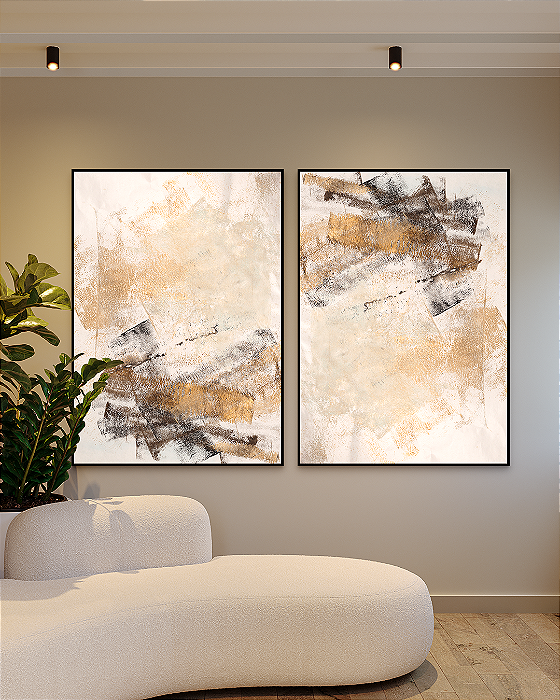 Conjunto com 02 quadros decorativos Abstrato Bege, Dourado e Preto