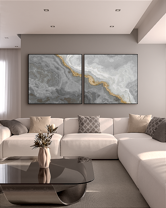 Conjunto de Quadros Decorativo Marmorizado Cinza com Folhas de Ouro, Prata ou Bronze