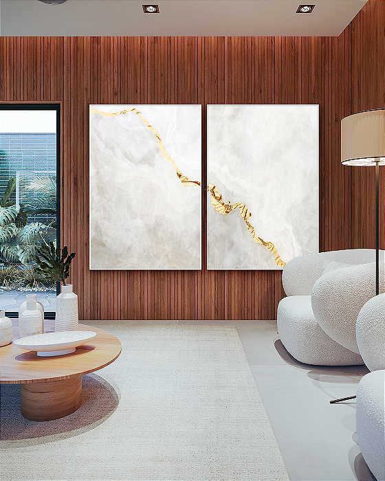 Conjunto de Quadros Decorativos Abstrato Neutro com Folhas de Ouro, Prata ou Cobre