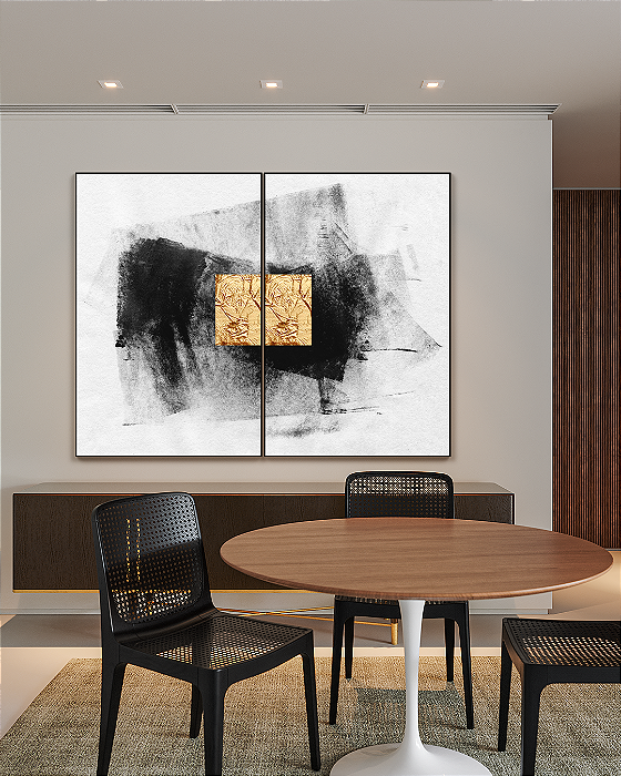 Conjunto de Quadros Decorativos Abstrato Preto com Folhas de Ouro, Prata ou Cobre