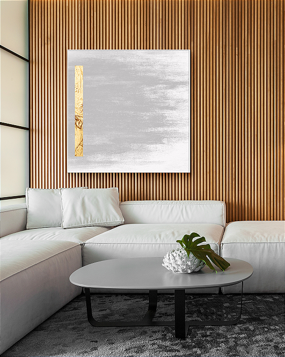 Quadro Decorativo Cinza com Folhas de Ouro, Prata ou Cobre