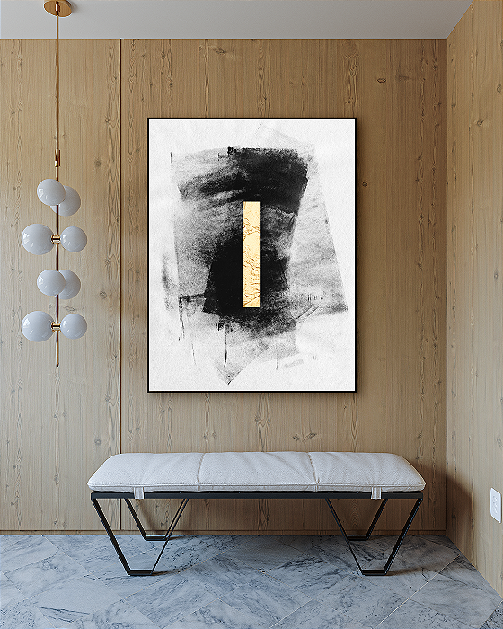 Quadro Decorativo Abstrato Preto com Folhas de Ouro, Prata e Cobre