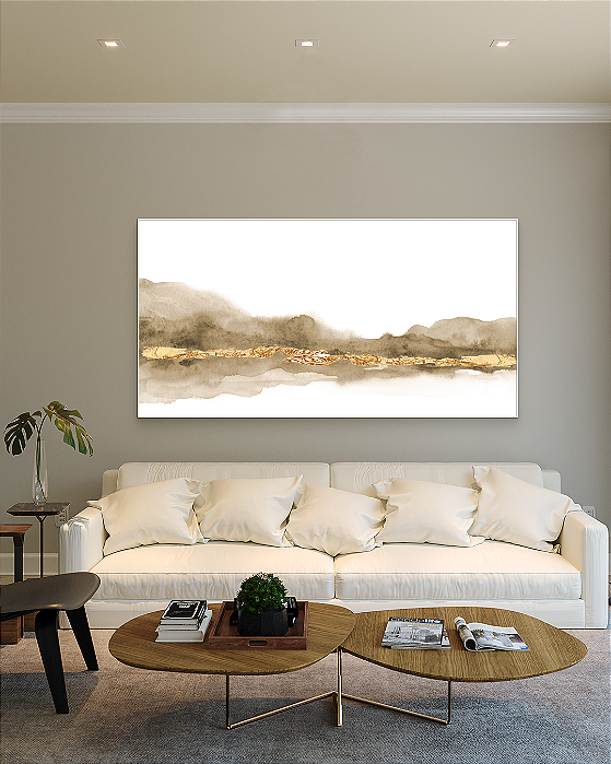 Quadro Decorativo Abstrato Bege com Folhas de Ouro