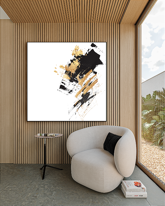 Quadro Decorativo Abstrato Preto com Folhas de Ouro, Prata e Cobre