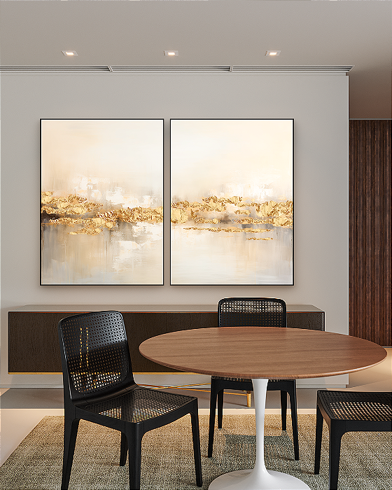 Conjunto de Quadros Decorativos Abstrato Bege com Folhas de Ouro