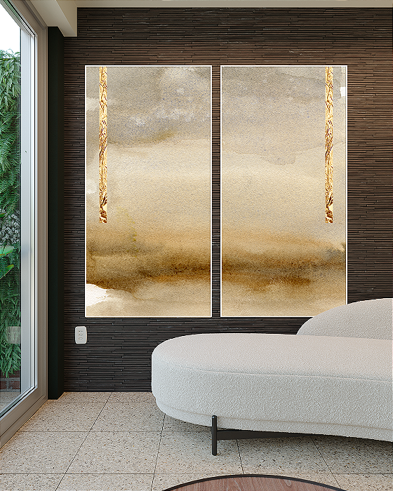 Conjunto de Quadros Decorativos Aquarela Bege com Folhas de Ouro ou Prata