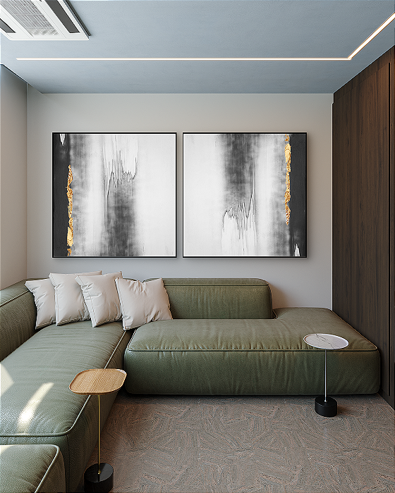 Conjunto de Quadros Decorativos Abstrato Preto e Cinza com Folhas de Ouro, Prata ou Cobre