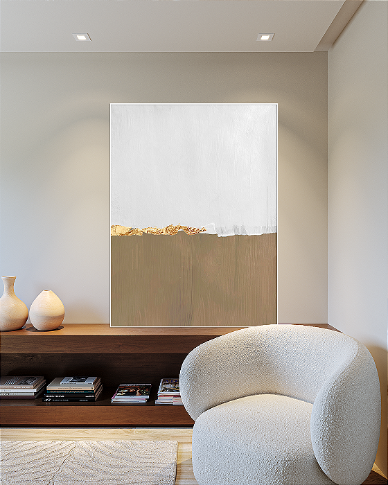 Quadro Decorativo Abstrato Bege e Branco com Folhas de Ouro
