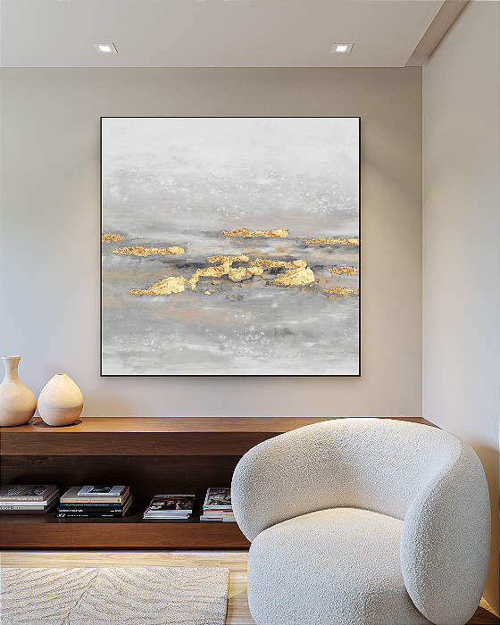 Quadro Decorativo Abstrato Neutro com Folhas de Ouro, Prata ou Cobre