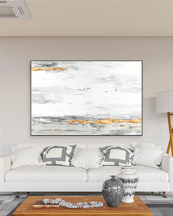 Quadro Decorativo Abstrato Suave com Folhas e Ouro e Prata