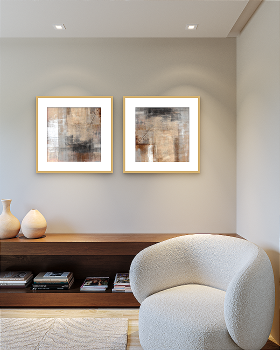 Conjunto com 02 quadros decorativos Paspatur Abstrato Bege e Preto 50x50cm (LxA) Moldura Chanfrada Dourado
