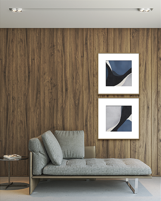 Conjunto com 02 quadros decorativos Abstrato Orgânico Azul, Preto e Cinza com Paspatur Branco