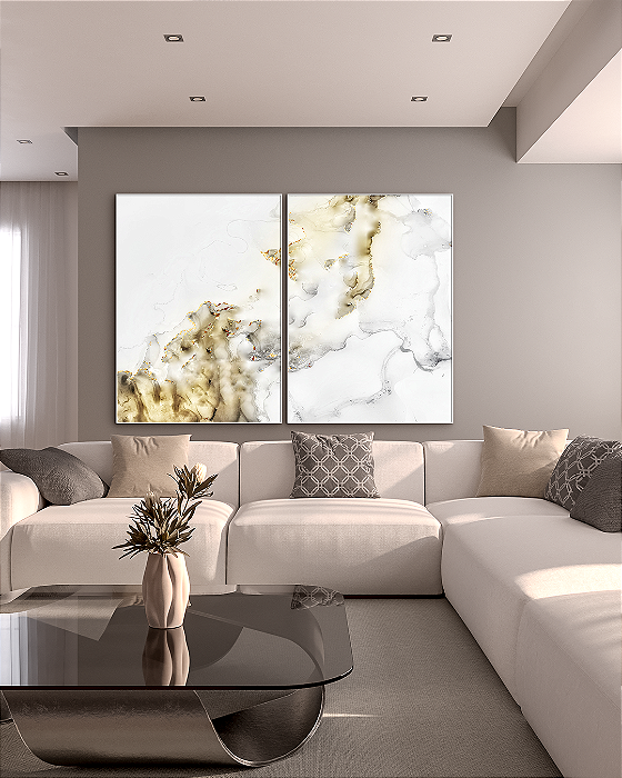 Conjunto com 02 Quadros Decorativos Abstrato Neutro com Folhas de Ouro e Prata