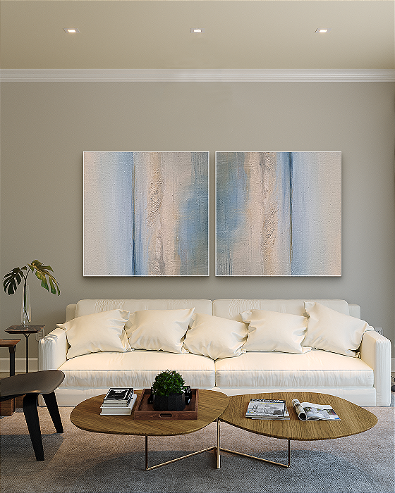 Conjunto com 02 quadros decorativos Abstrato Azul Suave