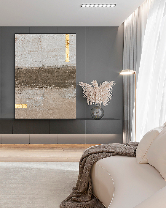 Quadro Decorativo Abstrato Bege com Folhas de Ouro, Prata e Cobre