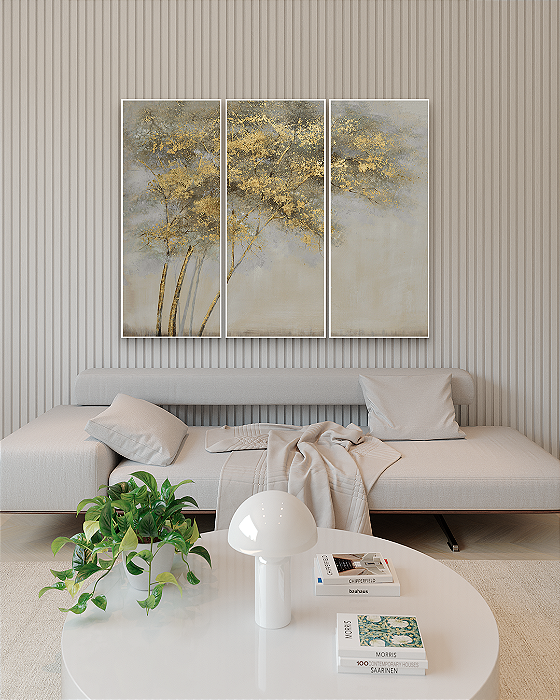 Conjunto com 03 quadros decorativos Árvore Dourada
