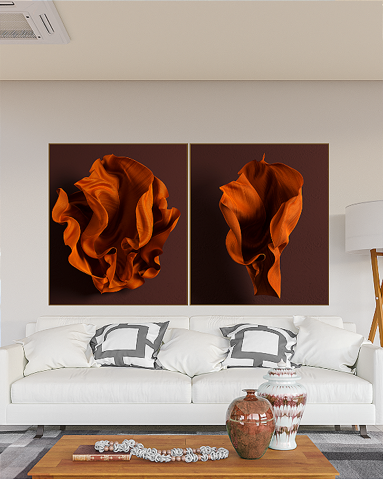 Conjunto com 02 Quadros Decorativos Natureza Abstrata Terracota