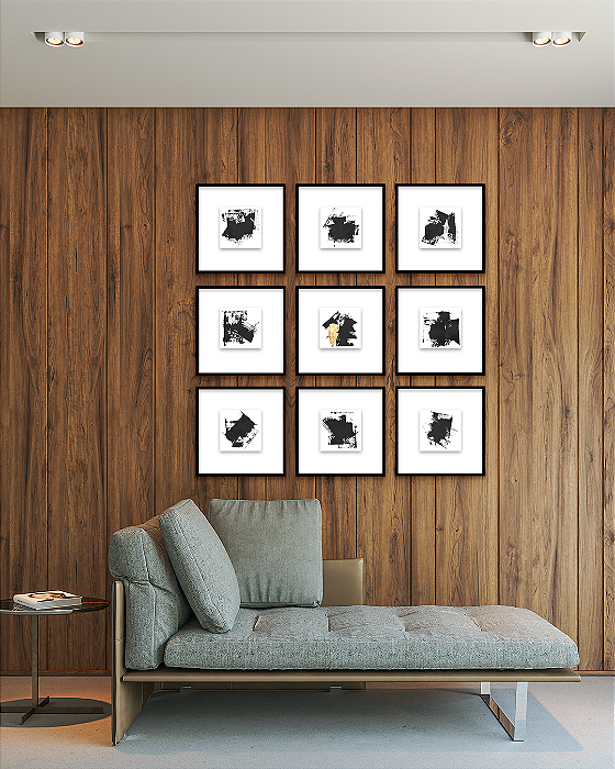 Conjunto com 06 Quadros Decorativos Abstrato Preto com Folha de Ouro, Prata ou Cobre