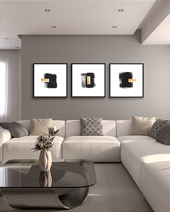 Conjunto com 03 Quadros Decorativos Abstrato Preto com Folhas de Ouro, Prata ou Cobre