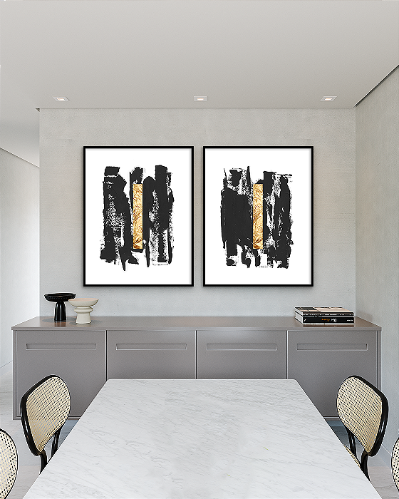 Conjunto com 02 Quadros Decorativos Abstrato Preto com Folhas de Ouro, Prata e Cobre