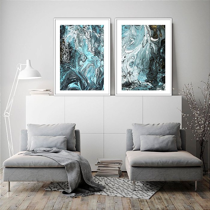 Conjunto com 02 quadros decorativos Blue Abstract