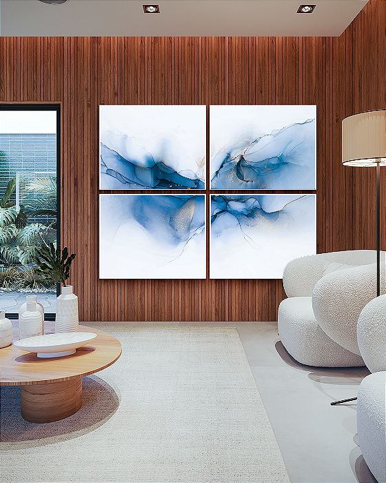 Conjunto com 04 quadros decorativos Abstrato tons de Azul e Dourado
