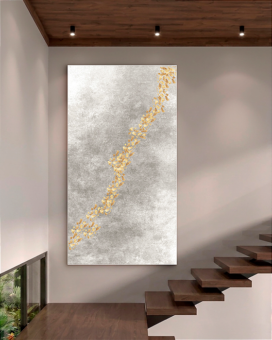 Quadro Decorativo Abstrato Bege com Folhas de Ouro, Prata e Cobre