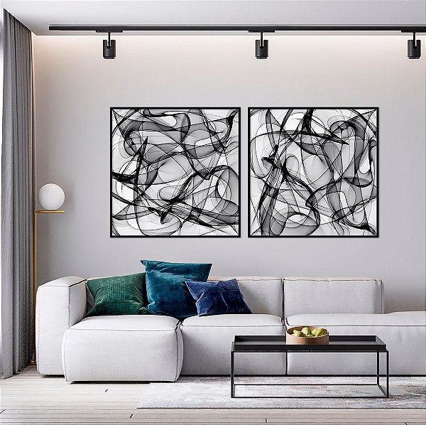 Conjunto com 02 quadros decorativos Formas Abstratas P&B