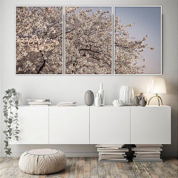 Conjunto com 03 quadros decorativos Árvore Cerejeira