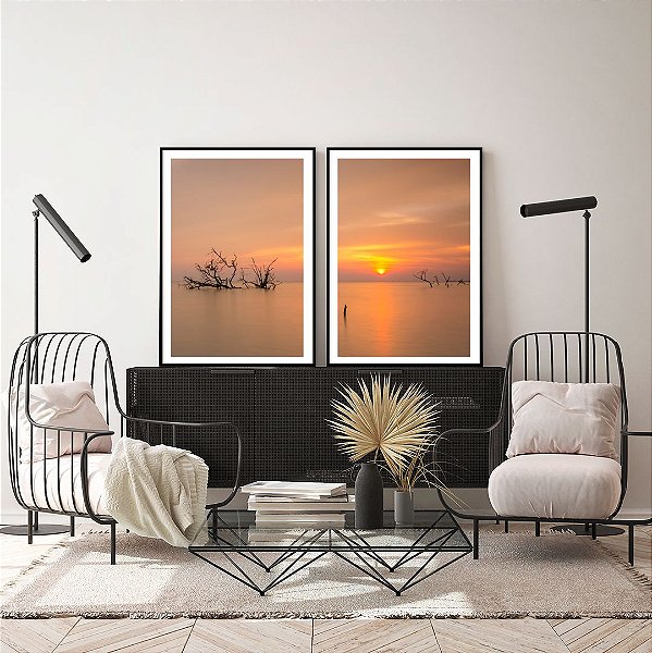 Conjunto com 02 quadros decorativos Paisagem Pôr do Sol