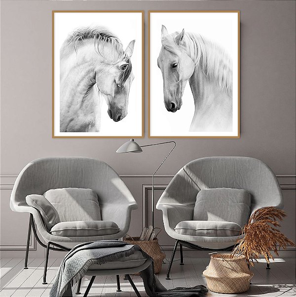 Conjunto com 02 quadros decorativos Cavalos Brancos