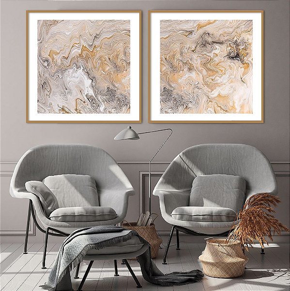 Conjunto com 02 quadros decorativos Arte Abstrata Bege e Cinza