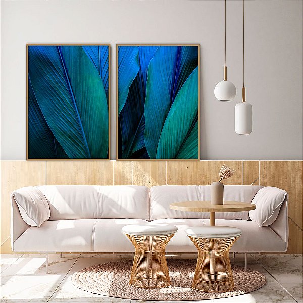 Conjunto com 02 quadros decorativos Botânica Verde e Azul