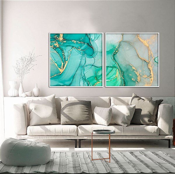 Conjunto com 02 quadros decorativos Abstrato Verde e Azul