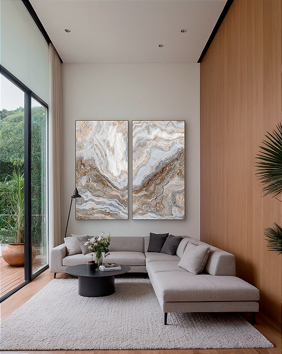 Conjunto com 02 quadros decorativos Abstrato Marmorizado Cinza