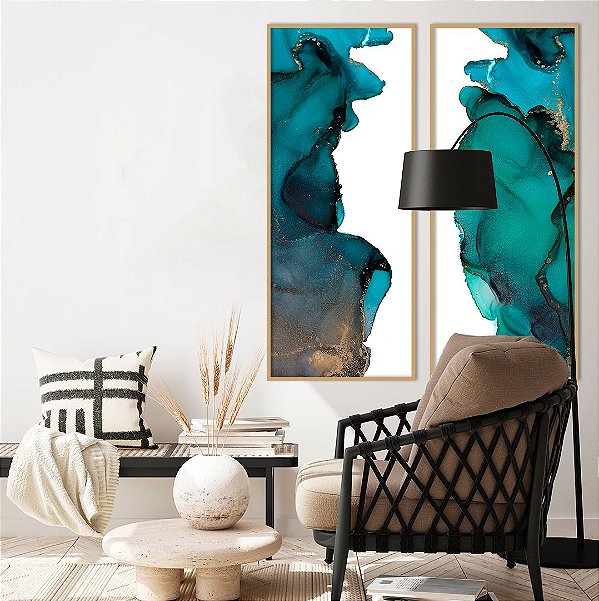 Conjunto com 02 quadros decorativos Abstrato Verde, Azul e Cobre