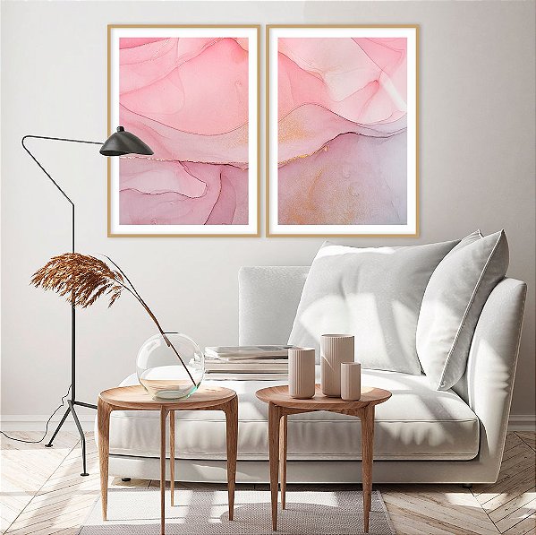 Conjunto com 02 quadros decorativos Abstrato Rosa e Lilás