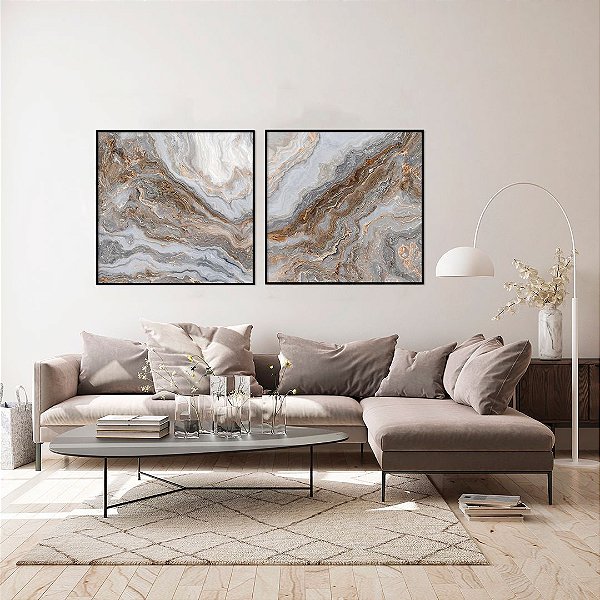 Conjunto com 02 quadros decorativos Abstrato Bege e Cinza