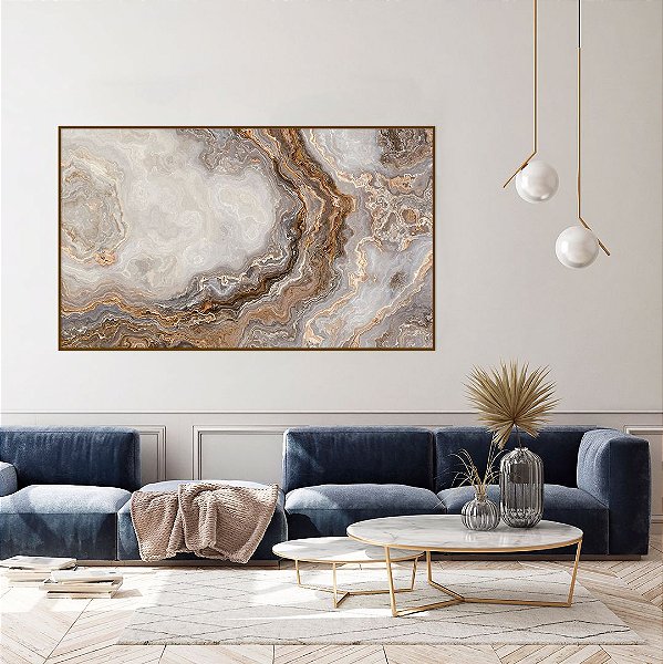 ENVIO IMEDIATO - Quadro Decorativo CANVAS Abstrato Bege 150x90cm (LxA) Moldura Filete na cor Amadeirado