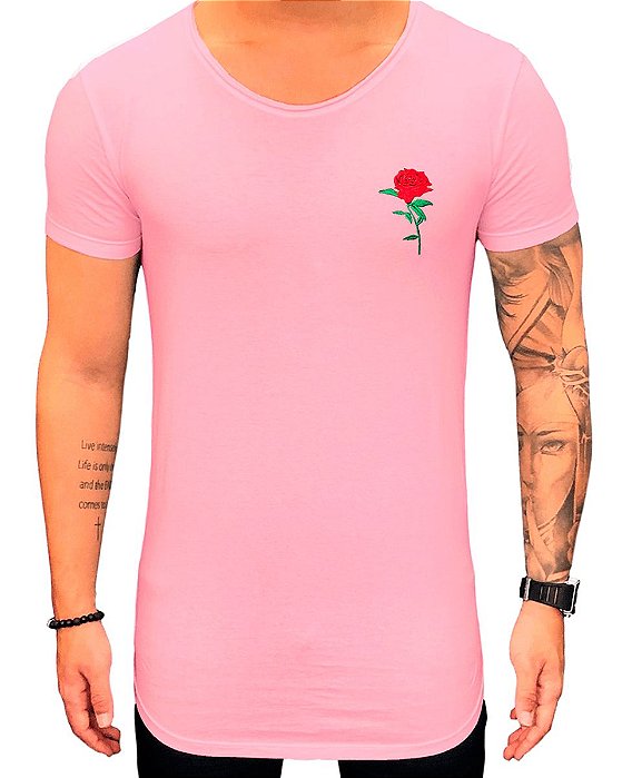 Camiseta Masculina Longline Flor Rosa Várias Cores - Loja 021|Moda Masculina